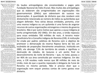 Os laudos antropológicos são encomendados e pagos pela Fundação Nacional do Índio (Funai). Mas muitos dos antropólogos que os elaboram são arregimentados em organizações não governamentais (ONGs) que sobrevivem do sucesso nas demarcações. A quantidade de dinheiro que elas recebem está diretamente relacionada ao número de índios ou quilombolas que alegam defender. Para várias dessas entidades, portanto, criar uma reserva indígena ou um quilombo é uma forma de angariar recursos de outras organizações estrangeiras e mesmo do governo brasileiro. Não é por outro motivo que apenas a causa indígena já tenha arregimentado 242 ONGs. Em dez anos, a União repassou para essas entidades 700 milhões de reais. A terceira maior beneficiária foi o Conselho Indígena de Roraima (CIR). A instituição foi criada por padres católicos de Roraima com o objetivo de promover a demarcação da reserva Raposa Serra do Sol, um escândalo de proporções literalmente amazônicas. Instituída em 2005, ela abrange 7,5% do território do estado e significou a destruição de cidades, de lavouras e um ponto final no desenvolvimento do norte de Roraima – que, no total, passou a ter 46% de sua área constituída por reservas indígenas. Em dez anos, o CIR recebeu nada menos que 88 milhões de reais da União, mais do que a quantia repassada à delegacia da Funai de Roraima no mesmo período. Não é preciso dizer que a organização nem sequer prestou contas de como gastou esse dinheiro. 