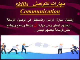 ‫التواصل‬ ‫مهارات‬skills
Communication
‫و‬‫تشمل‬‫مهارة‬‫الراسل‬‫والمستقبل‬‫فى‬‫توصيل‬‫الرسالة‬
‫لبعضهم‬‫البعض‬‫وهى‬‫مهارة‬‫أن‬‫يالحظ‬‫ويسمع‬‫ويوض‬‫ح‬
‫معنى‬‫الرسالة‬‫لبعضهم‬‫البعض‬..
 
