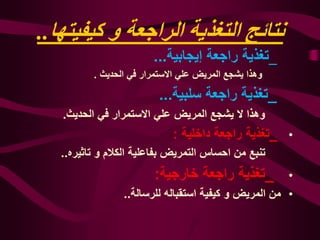 ‫كيفي‬ ‫و‬ ‫الراجعة‬ ‫التغذية‬ ‫نتائج‬‫تها‬..
_‫تغذية‬‫راجعة‬‫إيجابي‬‫ة‬...
‫وهذا‬‫يشجع‬‫المريض‬‫علي‬‫االستمرار‬‫في‬‫الحديث‬.
_‫تغذية‬‫راجعة‬‫سلبية‬...
‫وهذا‬‫ال‬‫يشجع‬‫المريض‬‫علي‬‫االستمرار‬‫في‬‫الحديث‬.
•_‫تغذية‬‫راجعة‬‫داخلي‬‫ة‬:
‫تنبع‬‫من‬‫احساس‬‫ال‬‫تمريض‬‫بفاعلية‬‫الكالم‬‫و‬‫تاثيره‬..
•_‫تغذية‬‫راجعة‬‫خارجية‬:
•‫من‬‫المريض‬‫و‬‫كيفي‬‫ة‬‫استقباله‬‫للرسال‬‫ة‬..
 