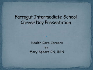 Health Care Careers
By:
Mary Spears RN, BSN
 