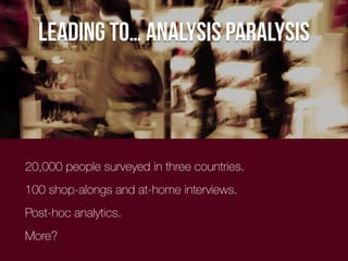 20,000 people surveyed in three countries.
100 shop-alongs and at-home interviews.
Post-hoc analytics.
More?
leading to… a...