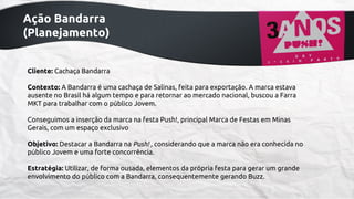 Ação Bandarra
(Planejamento)
Cliente: Cachaça Bandarra
Contexto: A Bandarra é uma cachaça de Salinas, feita para exportação. A marca estava
ausente no Brasil há algum tempo e para retornar ao mercado nacional, buscou a Farra
MKT para trabalhar com o público Jovem.
Conseguimos a inserção da marca na festa Push!, principal Marca de Festas em Minas
Gerais, com um espaço exclusivo
Objetivo: Destacar a Bandarra na Push! , considerando que a marca não era conhecida no
público Jovem e uma forte concorrência.
Estratégia: Utilizar, de forma ousada, elementos da própria festa para gerar um grande
envolvimento do público com a Bandarra, consequentemente gerando Buzz.

 