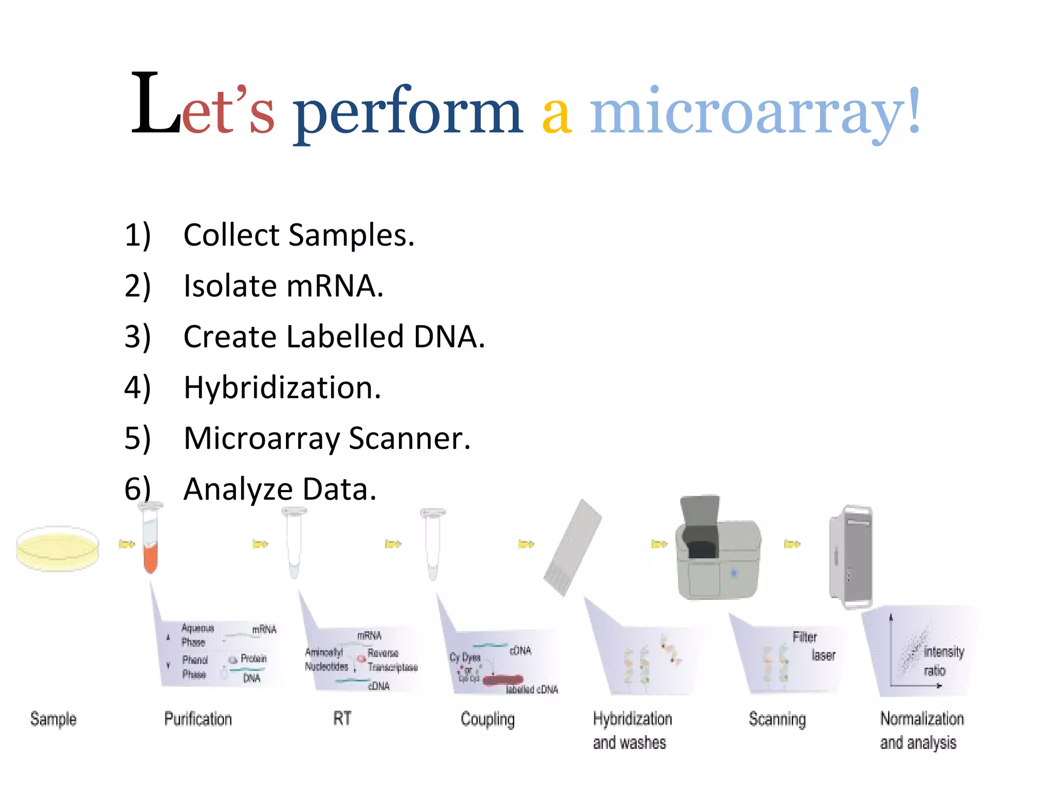 Let’s perform a microarray!
1) Collect Samples.
2) Isolate mRNA.
3) Create Labelled DNA.
4) Hybridization.
5) Microarray Scanner.
6) Analyze Data.
 