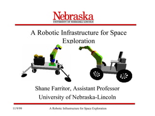 A Robotic Infrastructure for Space 
Exploration 
Shane Farritor, Assistant Professor 
University of Nebraska-Lincoln 
11/9/99 A Robotic Infrastructure for Space Exploration 
 