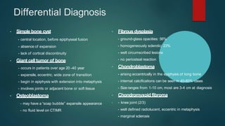 Differential Diagnosis
• Simple bone cyst
- central location, before epiphyseal fusion
- absence of expansion
- lack of cortical discontinuity
• Giant cell tumor of bone
- occurs in patients over age 20 -40 year
- expansile, eccentric, wide zone of transition
- begin in epiphysis with extension into metaphysis
- involves joints or adjacent bone or soft tissue
• Osteoblastoma
- may have a “soap bubble” expansile appearance
- no fluid level on CT/MR
• Fibrous dysplasia
- ground-glass opacities: 56%
- homogeneously sclerotic: 23%
- well circumscribed lesions
- no periosteal reaction
• Chondroblastoma
- arising eccentrically in the epiphysis of long bone
- internal calcifications can be seen in 40-60% cases
- Size ranges from 1-10 cm, most are 3-4 cm at diagnosis
• Chondromyxoid fibroma
• - knee joint (2/3)
- well defined radiolucent, eccentric in metaphysis
- marginal sclerosis
 