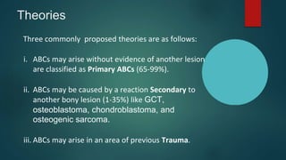 Theories
Three commonly proposed theories are as follows:
i. ABCs may arise without evidence of another lesion
are classified as Primary ABCs (65-99%).
ii. ABCs may be caused by a reaction Secondary to
another bony lesion (1-35%) like GCT,
osteoblastoma, chondroblastoma, and
osteogenic sarcoma.
iii. ABCs may arise in an area of previous Trauma.
 