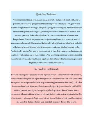 Çfarë është Protozoar:
Protozoaret është një organizëm njëqelizordhe eukariotik(me bërthamë të
përcaktuarqelizore) që ipërket Mbretërisë protiste.Protozoaret gjenden së
bashku me protofitet ose algat e thjeshta,përgjithësisht ujore.Ata riprodhohen
seksualisht (gamete dhe zigota) përmesproceseve të mitozëssë ndarjesose
përmessporeve,duke ndarë kështu disa karakteristika me mbretërinë e
kërpudhave. Shumica e protozoarëve janë njëqelizorë.Ata mundtë jenë të
vetmuarosekolonialë.Kuratajanë kolonialë,ndonjëherë mundtë ketë individë
në koloniqë specializohen në një funksion të caktuar.Kjo lloj kolonie quhet
"koloniindividuale.Ato janëorganizmat më të thjeshtë eukariotre.Protozoarët
janëndërgjallesateparatëplanetittone.Ato janë me përmasa e forma nga më të
ndryshmet,përmasatetyrelëvizinnga1nmderi20cm.Edheformaetrupitmund
të jetë e papërcaktuarose e përcaktuar.
Ku ndodhen protozoaret:
Besohet se origjina e protozoasvjen nga një procesisimbiozësmidisbaktereve,
mitokondrivedheplastos.NjëbakterprimitivikladesProteoarchaeota,mundtë
ketëpriturnjë alfaproteobaktere (organizëm ingjashëm me riketsinë),iciliidha
shkasmitokondrisë.Kjo marrëdhënie mundtë jetë krijuarafërsisht 1600-1800
milion vjet më parë.Lynn Margulis,një biologiAmerikëssë Veriut,ishte
promovuesikryesorikësajhipotezepërorigjinëneeukariotëvenëpërgjithësidhe
tëprotozoavenëveçanti.Atajetojnë në një shumëllojshmëritë gjerë habitatesh
me lagështi,duke përfshirë ujin e ëmbël,mjediset detare dhe tokën.
 