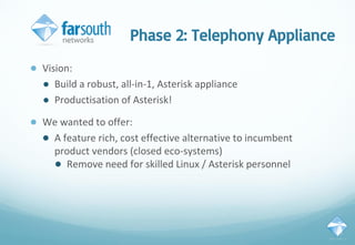 Phase 2: Telephony Appliance
● Vision:
● Build a robust, all-in-1, Asterisk appliance
● Productisation of Asterisk!
● We wanted to offer:
● A feature rich, cost effective alternative to incumbent
product vendors (closed eco-systems)
● Remove need for skilled Linux / Asterisk personnel
 