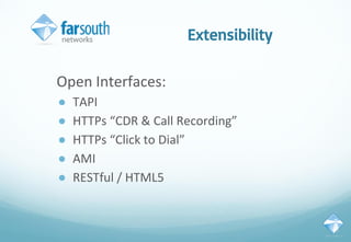 Extensibility
Open Interfaces:
● TAPI
● HTTPs “CDR & Call Recording”
● HTTPs “Click to Dial”
● AMI
● RESTful / HTML5
 