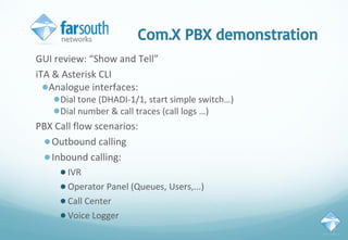 Com.X PBX demonstration
GUI review: “Show and Tell”
iTA & Asterisk CLI
●Analogue interfaces:
●Dial tone (DHADI-1/1, start simple switch…)
●Dial number & call traces (call logs …)
PBX Call flow scenarios:
●Outbound calling
●Inbound calling:
●IVR
●Operator Panel (Queues, Users,...)
●Call Center
●Voice Logger
 