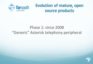 Evolution of mature, open
source products
Phase 1: since 2008
“Generic” Asterisk telephony peripheral
 