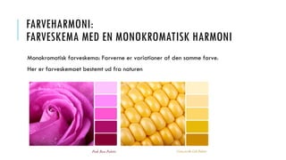 FARVEHARMONI:
FARVESKEMA MED EN MONOKROMATISK HARMONI
Monokromatisk farveskema: Farverne er variationer af den samme farve.
Her er farveskemaet bestemt ud fra naturen
 