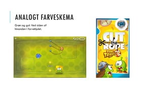 ANALOGT FARVESKEMA
Grøn og gul: Ved siden af
hinanden i farvehjulet.
 