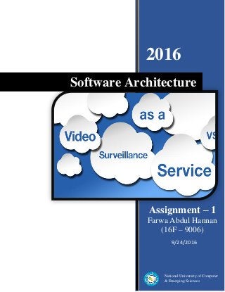 2016
9/24/2016
Software Architecture
Assignment – 1
Farwa Abdul Hannan
(16F – 9006)
National University of Computer
& Emerging Sciences
 