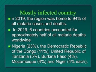 Mostly infected country
 n 2019, the region was home to 94% of
all malaria cases and deaths.
 In 2019, 6 countries accounted for
approximately half of all malaria deaths
worldwide
 Nigeria (23%), the Democratic Republic
of the Congo (11%), United Republic of
Tanzania (5%), Burkina Faso (4%),
Mozambique (4%) and Niger (4% each).
 