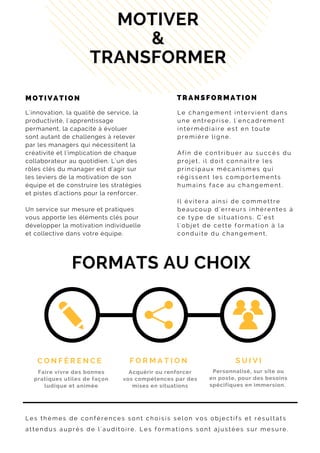 L'innovation, la qualité de service, la
productivité, l'apprentissage
permanent, la capacité à évoluer
sont autant de challenges à relever
par les managers qui nécessitent la
créativité et l'implication de chaque
collaborateur au quotidien. L'un des
rôles clés du manager est d'agir sur
les leviers de la motivation de son
équipe et de construire les stratégies
et pistes d'actions pour la renforcer.
Un service sur mesure et pratiques
vous apporte les éléments clés pour
développer la motivation individuelle
et collective dans votre équipe.
MOTIVER
&
TRANSFORMER
L e s t h è m e s d e c o n f é r e n c e s s o n t c h o i s i s s e l o n v o s o b j e c t i f s e t r é s u l t a t s
a t t e n d u s a u p r è s d e l ' a u d i t o i r e . L e s f o r m a t i o n s s o n t a j u s t é e s s u r m e s u r e .
Faire vivre des bonnes
pratiques utiles de façon
ludique et animée
C O N F É R E N C E F O R M A T I O N S U I V I
Acquérir ou renforcer
vos compétences par des
mises en situations
Personnalisé, sur site ou
en poste, pour des besoins
spécifiques en immersion. 
FORMATS AU CHOIX
Le changement intervient dans
une entreprise, l'encadrement
intermédiaire est en toute
première ligne.
Afin de contribuer au succès du
projet, il doit connaître les
principaux mécanismes qui
régissent les comportements
humains face au changement.
Il évitera ainsi de commettre
beaucoup d'erreurs inhérentes à
ce type de situations. C'est
l'objet de cette formation à la
conduite du changement.
MOTIVATION TRANSFORMATION
 