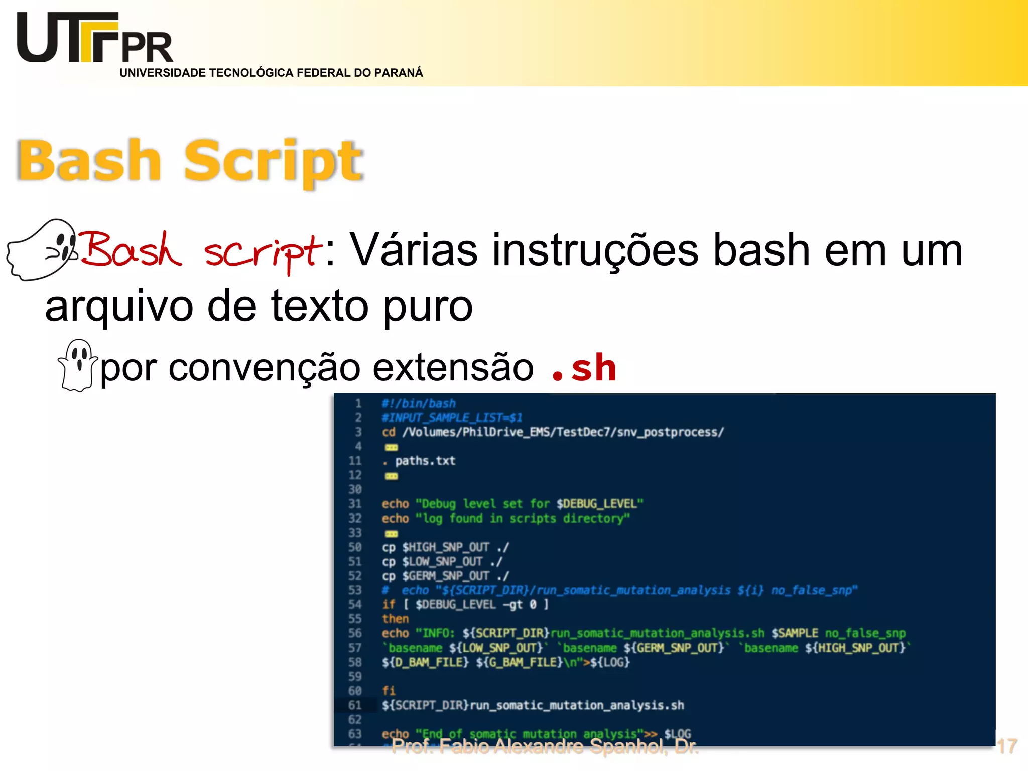 UNIVERSIDADE TECNOLÓGICA FEDERAL DO PARANÁ
Bash script: Várias instruções bash em um
arquivo de texto puro
por convenção extensão .sh
 