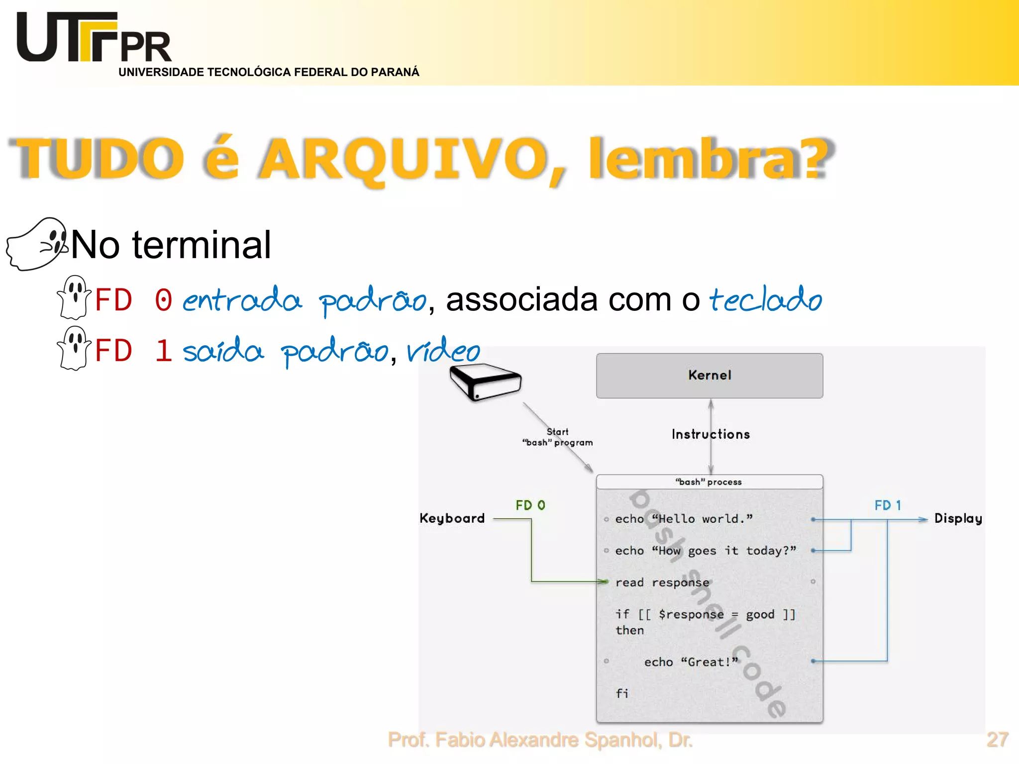 UNIVERSIDADE TECNOLÓGICA FEDERAL DO PARANÁ
No terminal
FD 0 entrada padrão, associada com o teclado
FD 1 saída padrão, vídeo
 
