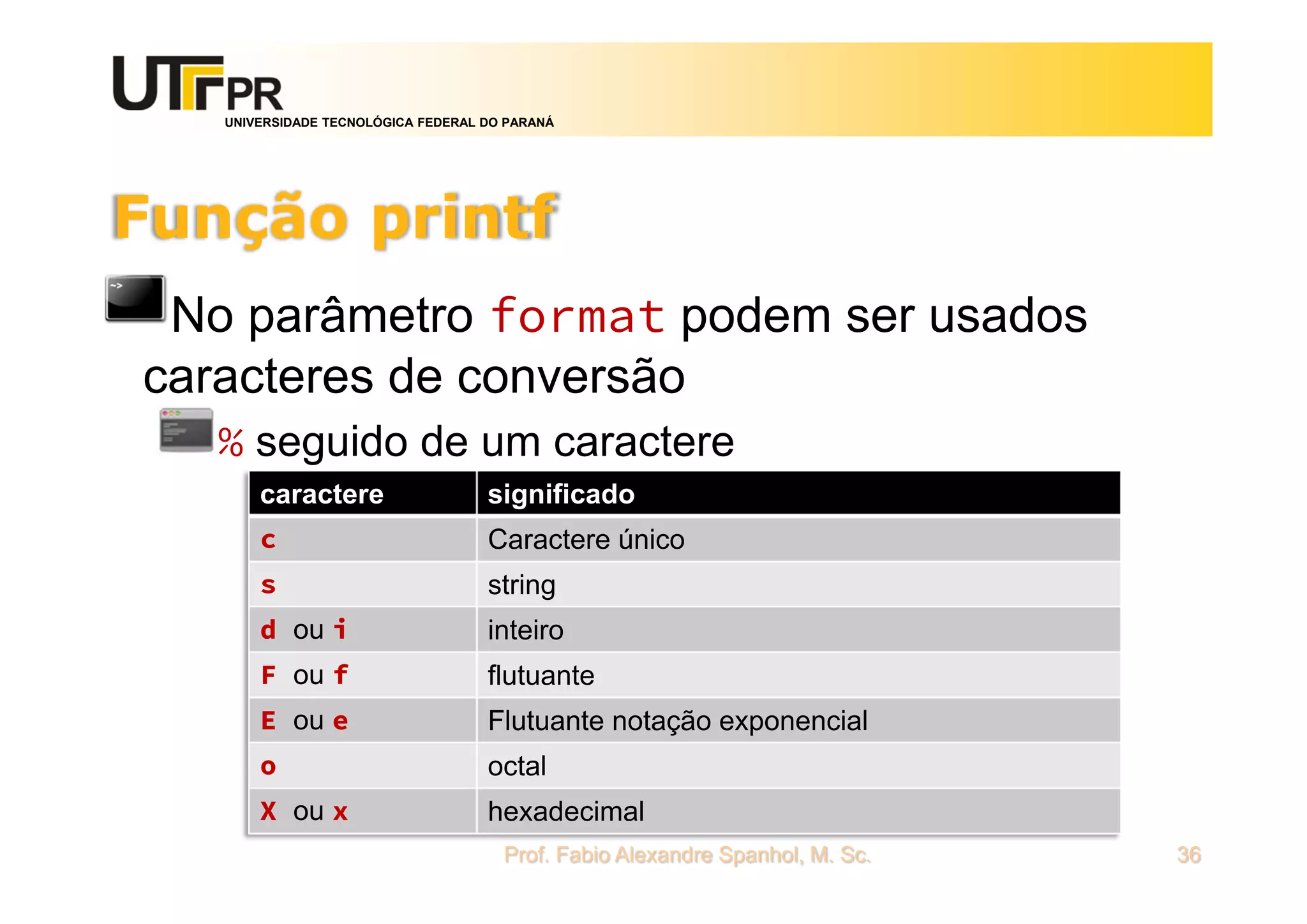 UNIVERSIDADE TECNOLÓGICA FEDERAL DO PARANÁ
Função printf
No parâmetro format podem ser usados
caracteres de conversão
% seguido de um caractere
Prof. Fabio Alexandre Spanhol, M. Sc. 36
caractere significado
c Caractere único
s string
d ou i inteiro
F ou f flutuante
E ou e Flutuante notação exponencial
o octal
X ou x hexadecimal
 