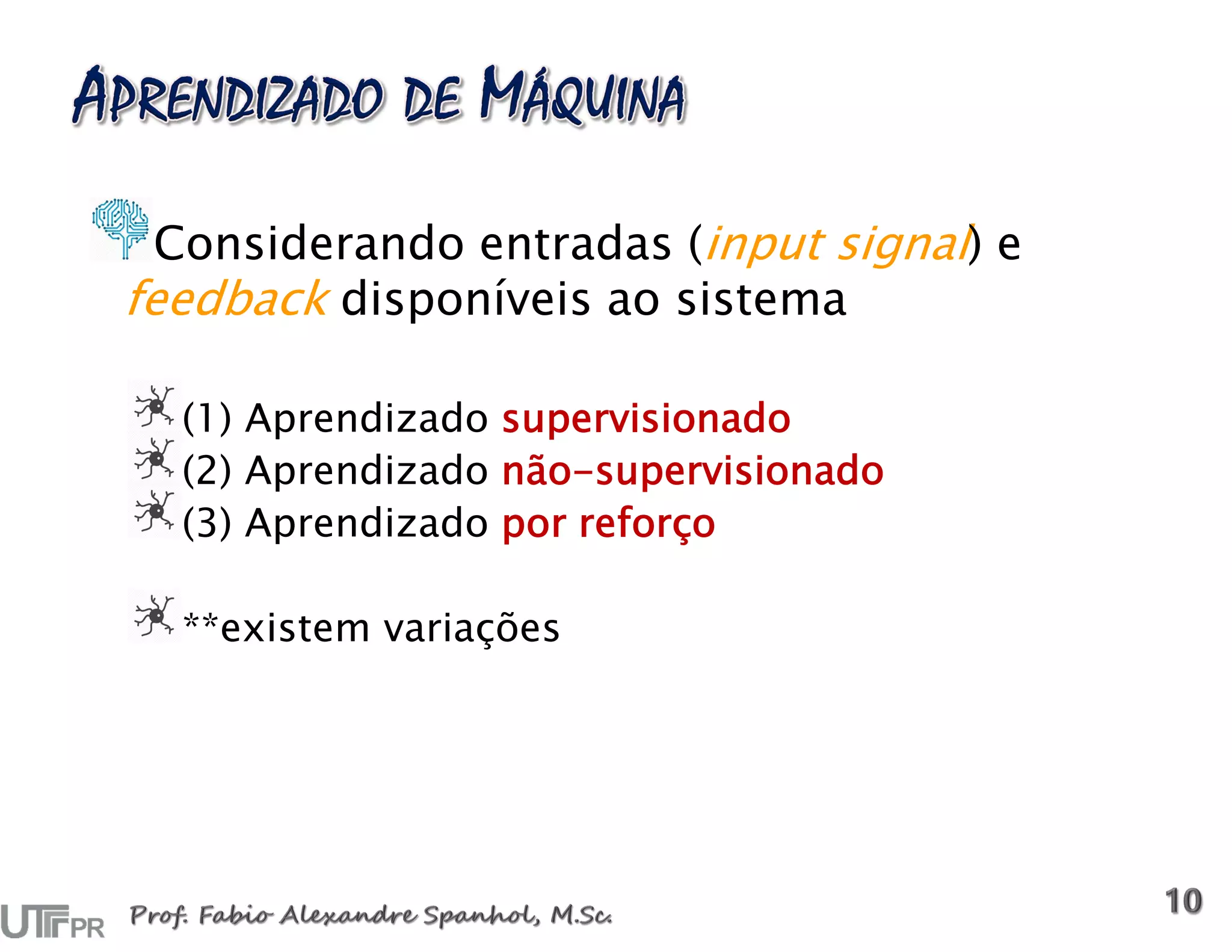 Considerando entradas (input signal) e
feedback disponíveis ao sistema
(1) Aprendizado supervisionado
(2) Aprendizado não-supervisionado
(3) Aprendizado por reforço
**existem variações
 
