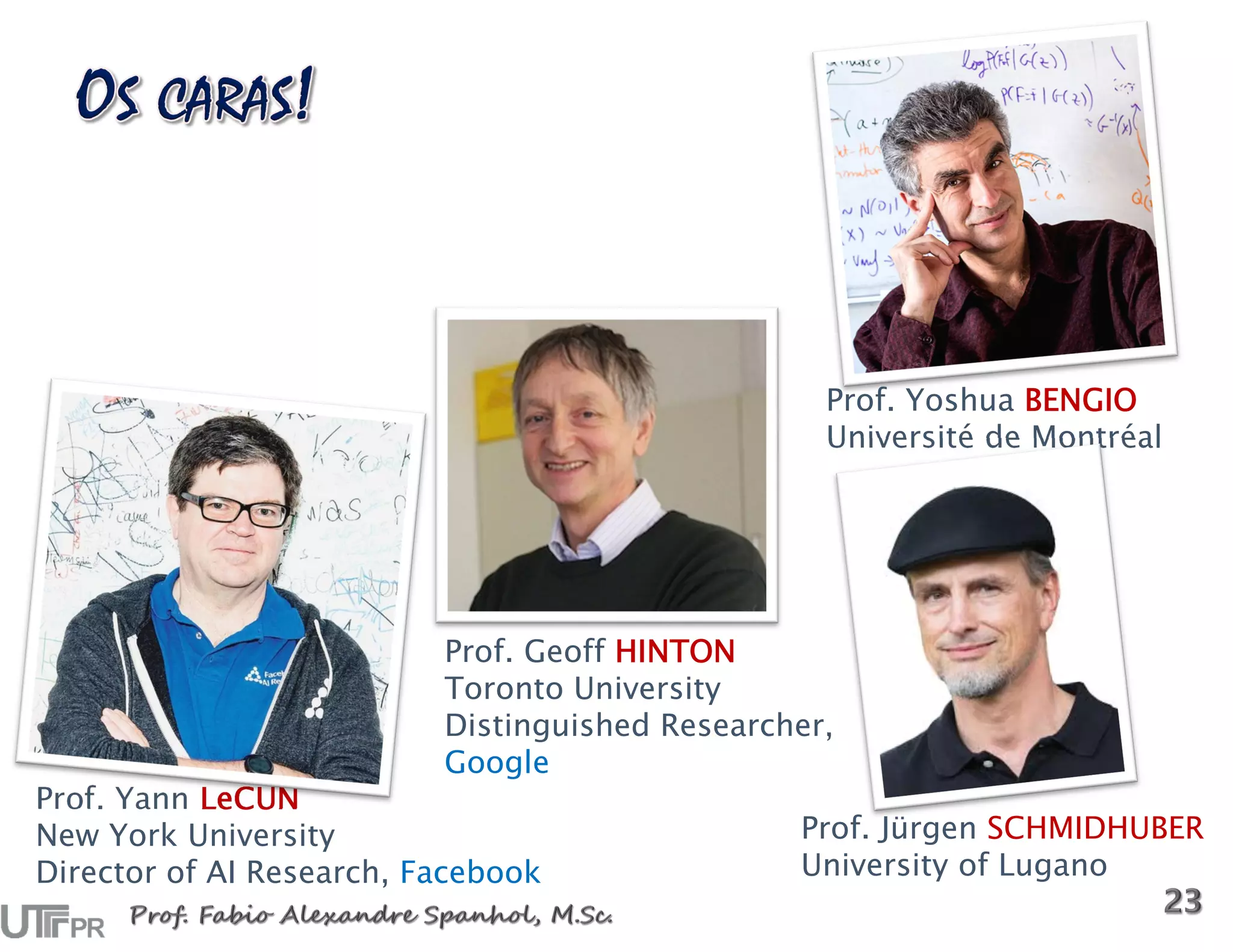 Prof. Yann LeCUN
New York University
Director of AI Research, Facebook
Prof. Yoshua BENGIO
Université de Montréal
Prof. Geoff HINTON
Toronto University
Distinguished Researcher,
Google
Prof. Jürgen SCHMIDHUBER
University of Lugano
 