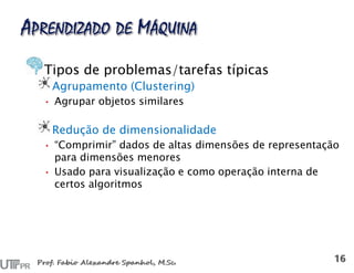 Tipos de problemas/tarefas típicas
Agrupamento (Clustering)
• Agrupar objetos similares
Redução de dimensionalidade
• “Comprimir” dados de altas dimensões de representação
para dimensões menores
• Usado para visualização e como operação interna de
certos algoritmos
 