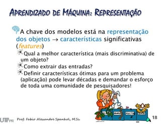 A chave dos modelos está na representação
dos objetos  características significativas
(features)
Qual a melhor característica (mais discriminativa) de
um objeto?
Como extrair das entradas?
Definir características ótimas para um problema
(aplicação) pode levar décadas e demandar o esforço
de toda uma comunidade de pesquisadores!
 