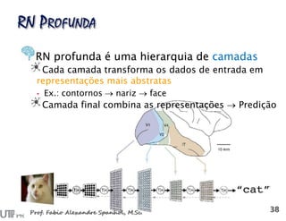 RN profunda é uma hierarquia de camadas
Cada camada transforma os dados de entrada em
representações mais abstratas
• Ex.: contornos  nariz  face
Camada final combina as representações  Predição
 