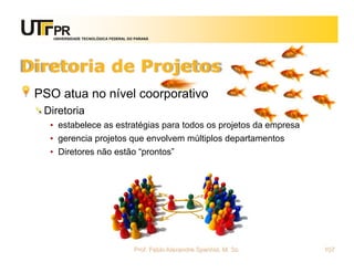 UNIVERSIDADE TECNOLÓGICA FEDERAL DO PARANÁ




Diretoria de Projetos
 PSO atua no nível coorporativo
  Diretoria
   • estabelece as estratégias para todos os projetos da empresa
   • gerencia projetos que envolvem múltiplos departamentos
   • Diretores não estão “prontos”




                                       Prof. Fabio Alexandre Spanhol, M. Sc.   107
 
