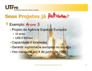 UNIVERSIDADE TECNOLÓGICA FEDERAL DO PARANÁ




Seus Projetos já                                      falharam?
 Exemplo: Ariane 5
  Projeto da Agência Espacial Europeia
  • 10 anos
  • US$ 8 Bilhões
  Capacidade 6 toneladas
  Garantir supremacia europeia no espaço
  Voo inaugural em 4 de junho de 1996


                                      Prof. Fabio Alexandre Spanhol, M. Sc.   12
 