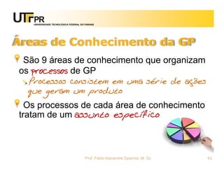 UNIVERSIDADE TECNOLÓGICA FEDERAL DO PARANÁ




Áreas de Conhecimento da GP
 São 9 áreas de conhecimento que organizam
os processos de GP
  Processos consistem em uma série de ações
  que geram um produto
  Os processos de cada área de conhecimento
tratam de um assunto específico



                                      Prof. Fabio Alexandre Spanhol, M. Sc.   43
 