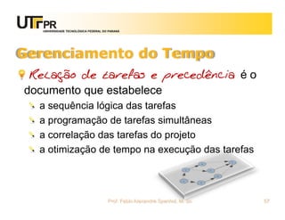 UNIVERSIDADE TECNOLÓGICA FEDERAL DO PARANÁ




Gerenciamento do Tempo
 Relação de tarefas e precedência é o
documento que estabelece
  a sequência lógica das tarefas
  a programação de tarefas simultâneas
  a correlação das tarefas do projeto
  a otimização de tempo na execução das tarefas



                                      Prof. Fabio Alexandre Spanhol, M. Sc.   57
 