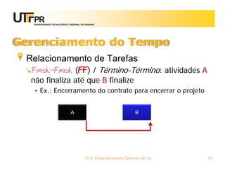 UNIVERSIDADE TECNOLÓGICA FEDERAL DO PARANÁ




Gerenciamento do Tempo
 Relacionamento de Tarefas
  Finish-Finish (FF) / Término-Término: atividades A
  não finaliza até que B finalize
   • Ex.: Encerramento do contrato para encerrar o projeto


                           A                                    B




                                     Prof. Fabio Alexandre Spanhol, M. Sc.   61
 