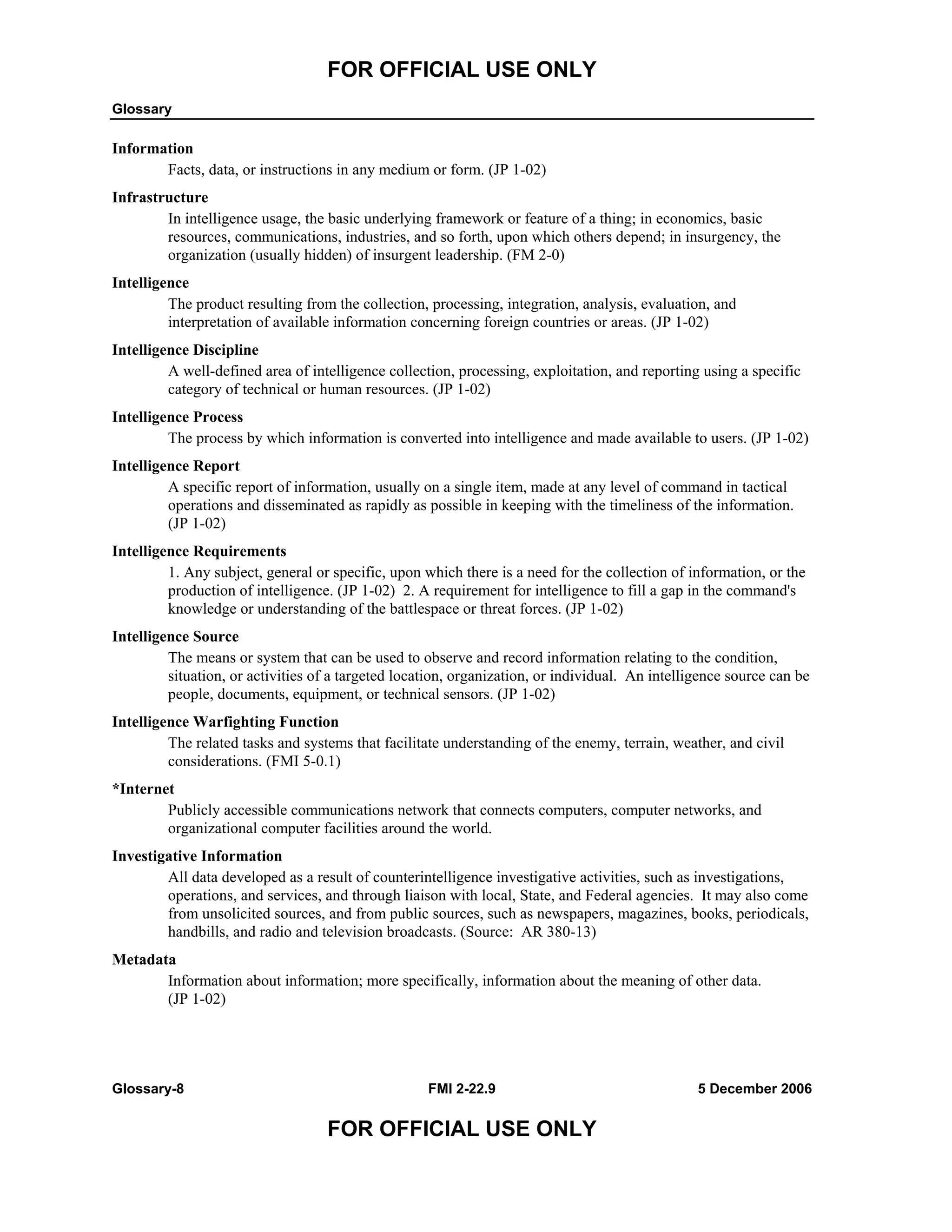 FOR OFFICIAL USE ONLY
Glossary
Glossary-8 FMI 2-22.9 5 December 2006
FOR OFFICIAL USE ONLY
Information
Facts, data, or instructions in any medium or form. (JP 1-02)
Infrastructure
In intelligence usage, the basic underlying framework or feature of a thing; in economics, basic
resources, communications, industries, and so forth, upon which others depend; in insurgency, the
organization (usually hidden) of insurgent leadership. (FM 2-0)
Intelligence
The product resulting from the collection, processing, integration, analysis, evaluation, and
interpretation of available information concerning foreign countries or areas. (JP 1-02)
Intelligence Discipline
A well-defined area of intelligence collection, processing, exploitation, and reporting using a specific
category of technical or human resources. (JP 1-02)
Intelligence Process
The process by which information is converted into intelligence and made available to users. (JP 1-02)
Intelligence Report
A specific report of information, usually on a single item, made at any level of command in tactical
operations and disseminated as rapidly as possible in keeping with the timeliness of the information.
(JP 1-02)
Intelligence Requirements
1. Any subject, general or specific, upon which there is a need for the collection of information, or the
production of intelligence. (JP 1-02) 2. A requirement for intelligence to fill a gap in the command's
knowledge or understanding of the battlespace or threat forces. (JP 1-02)
Intelligence Source
The means or system that can be used to observe and record information relating to the condition,
situation, or activities of a targeted location, organization, or individual. An intelligence source can be
people, documents, equipment, or technical sensors. (JP 1-02)
Intelligence Warfighting Function
The related tasks and systems that facilitate understanding of the enemy, terrain, weather, and civil
considerations. (FMI 5-0.1)
*Internet
Publicly accessible communications network that connects computers, computer networks, and
organizational computer facilities around the world.
Investigative Information
All data developed as a result of counterintelligence investigative activities, such as investigations,
operations, and services, and through liaison with local, State, and Federal agencies. It may also come
from unsolicited sources, and from public sources, such as newspapers, magazines, books, periodicals,
handbills, and radio and television broadcasts. (Source: AR 380-13)
Metadata
Information about information; more specifically, information about the meaning of other data.
(JP 1-02)
 