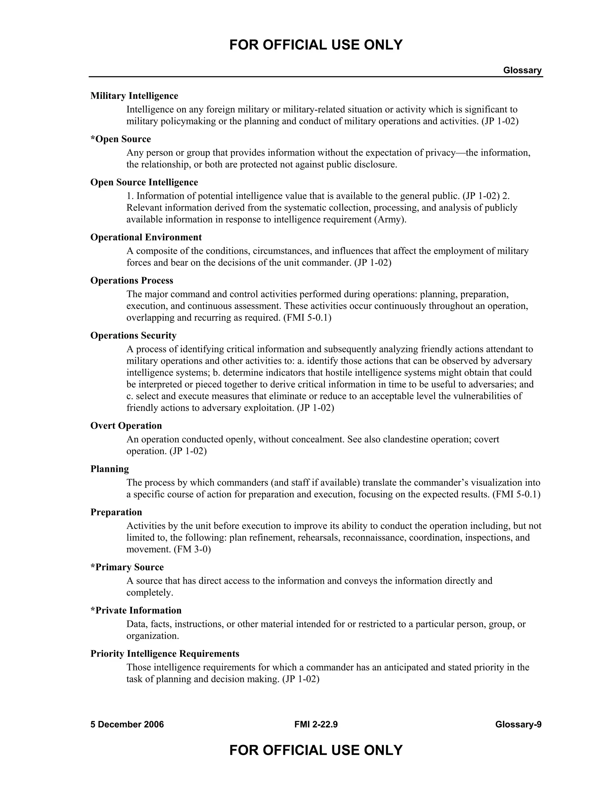 FOR OFFICIAL USE ONLY
Glossary
5 December 2006 FMI 2-22.9 Glossary-9
FOR OFFICIAL USE ONLY
Military Intelligence
Intelligence on any foreign military or military-related situation or activity which is significant to
military policymaking or the planning and conduct of military operations and activities. (JP 1-02)
*Open Source
Any person or group that provides information without the expectation of privacy––the information,
the relationship, or both are protected not against public disclosure.
Open Source Intelligence
1. Information of potential intelligence value that is available to the general public. (JP 1-02) 2.
Relevant information derived from the systematic collection, processing, and analysis of publicly
available information in response to intelligence requirement (Army).
Operational Environment
A composite of the conditions, circumstances, and influences that affect the employment of military
forces and bear on the decisions of the unit commander. (JP 1-02)
Operations Process
The major command and control activities performed during operations: planning, preparation,
execution, and continuous assessment. These activities occur continuously throughout an operation,
overlapping and recurring as required. (FMI 5-0.1)
Operations Security
A process of identifying critical information and subsequently analyzing friendly actions attendant to
military operations and other activities to: a. identify those actions that can be observed by adversary
intelligence systems; b. determine indicators that hostile intelligence systems might obtain that could
be interpreted or pieced together to derive critical information in time to be useful to adversaries; and
c. select and execute measures that eliminate or reduce to an acceptable level the vulnerabilities of
friendly actions to adversary exploitation. (JP 1-02)
Overt Operation
An operation conducted openly, without concealment. See also clandestine operation; covert
operation. (JP 1-02)
Planning
The process by which commanders (and staff if available) translate the commander’s visualization into
a specific course of action for preparation and execution, focusing on the expected results. (FMI 5-0.1)
Preparation
Activities by the unit before execution to improve its ability to conduct the operation including, but not
limited to, the following: plan refinement, rehearsals, reconnaissance, coordination, inspections, and
movement. (FM 3-0)
*Primary Source
A source that has direct access to the information and conveys the information directly and
completely.
*Private Information
Data, facts, instructions, or other material intended for or restricted to a particular person, group, or
organization.
Priority Intelligence Requirements
Those intelligence requirements for which a commander has an anticipated and stated priority in the
task of planning and decision making. (JP 1-02)
 