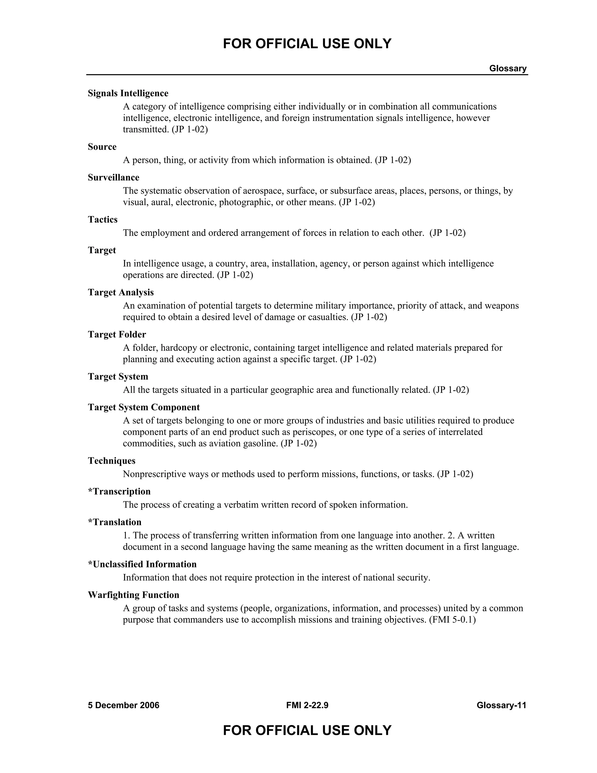 FOR OFFICIAL USE ONLY
Glossary
5 December 2006 FMI 2-22.9 Glossary-11
FOR OFFICIAL USE ONLY
Signals Intelligence
A category of intelligence comprising either individually or in combination all communications
intelligence, electronic intelligence, and foreign instrumentation signals intelligence, however
transmitted. (JP 1-02)
Source
A person, thing, or activity from which information is obtained. (JP 1-02)
Surveillance
The systematic observation of aerospace, surface, or subsurface areas, places, persons, or things, by
visual, aural, electronic, photographic, or other means. (JP 1-02)
Tactics
The employment and ordered arrangement of forces in relation to each other. (JP 1-02)
Target
In intelligence usage, a country, area, installation, agency, or person against which intelligence
operations are directed. (JP 1-02)
Target Analysis
An examination of potential targets to determine military importance, priority of attack, and weapons
required to obtain a desired level of damage or casualties. (JP 1-02)
Target Folder
A folder, hardcopy or electronic, containing target intelligence and related materials prepared for
planning and executing action against a specific target. (JP 1-02)
Target System
All the targets situated in a particular geographic area and functionally related. (JP 1-02)
Target System Component
A set of targets belonging to one or more groups of industries and basic utilities required to produce
component parts of an end product such as periscopes, or one type of a series of interrelated
commodities, such as aviation gasoline. (JP 1-02)
Techniques
Nonprescriptive ways or methods used to perform missions, functions, or tasks. (JP 1-02)
*Transcription
The process of creating a verbatim written record of spoken information.
*Translation
1. The process of transferring written information from one language into another. 2. A written
document in a second language having the same meaning as the written document in a first language.
*Unclassified Information
Information that does not require protection in the interest of national security.
Warfighting Function
A group of tasks and systems (people, organizations, information, and processes) united by a common
purpose that commanders use to accomplish missions and training objectives. (FMI 5-0.1)
 