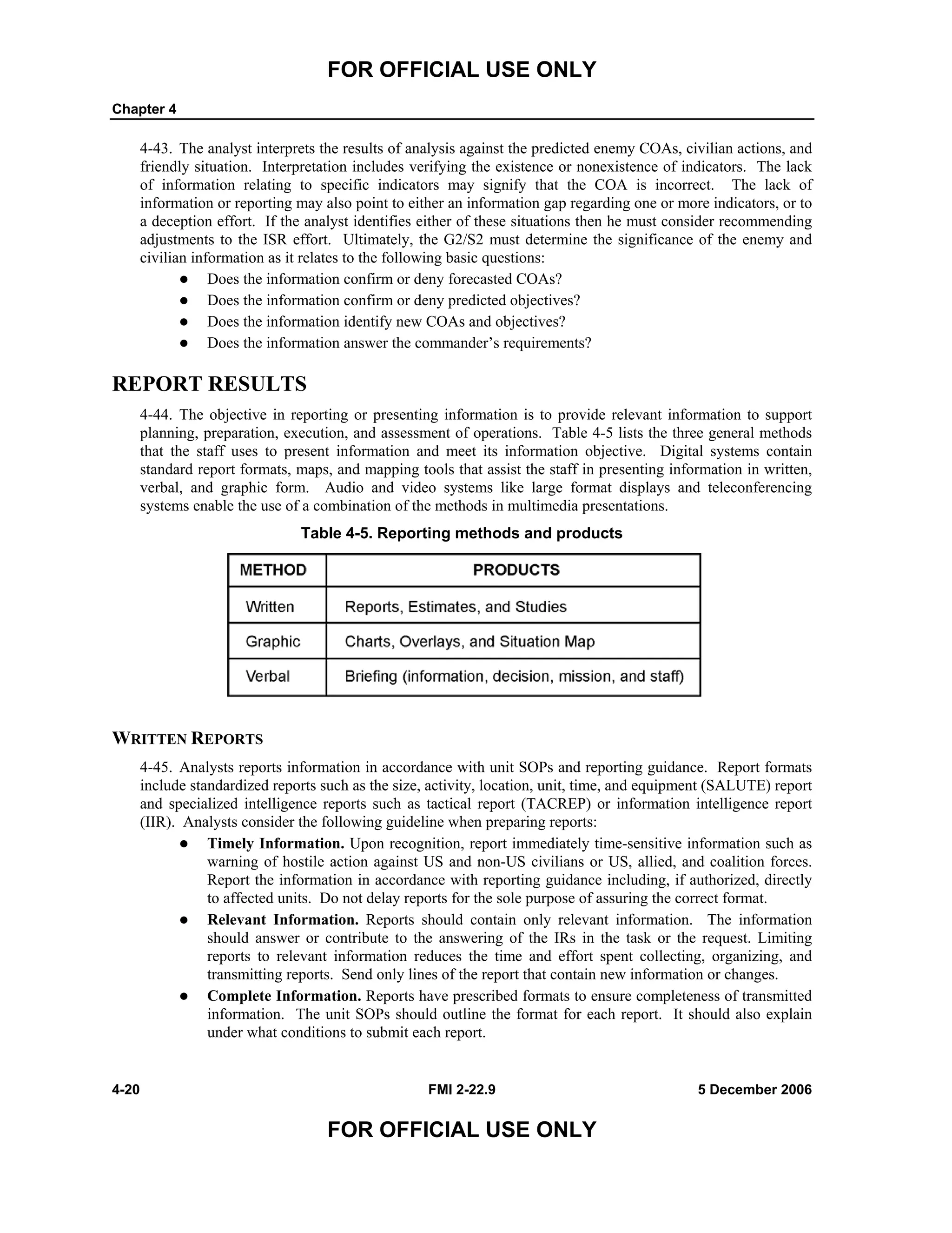 FOR OFFICIAL USE ONLY
Chapter 4
4-20 FMI 2-22.9 5 December 2006
FOR OFFICIAL USE ONLY
4-43. The analyst interprets the results of analysis against the predicted enemy COAs, civilian actions, and
friendly situation. Interpretation includes verifying the existence or nonexistence of indicators. The lack
of information relating to specific indicators may signify that the COA is incorrect. The lack of
information or reporting may also point to either an information gap regarding one or more indicators, or to
a deception effort. If the analyst identifies either of these situations then he must consider recommending
adjustments to the ISR effort. Ultimately, the G2/S2 must determine the significance of the enemy and
civilian information as it relates to the following basic questions:
Does the information confirm or deny forecasted COAs?
Does the information confirm or deny predicted objectives?
Does the information identify new COAs and objectives?
Does the information answer the commander’s requirements?
REPORT RESULTS
4-44. The objective in reporting or presenting information is to provide relevant information to support
planning, preparation, execution, and assessment of operations. Table 4-5 lists the three general methods
that the staff uses to present information and meet its information objective. Digital systems contain
standard report formats, maps, and mapping tools that assist the staff in presenting information in written,
verbal, and graphic form. Audio and video systems like large format displays and teleconferencing
systems enable the use of a combination of the methods in multimedia presentations.
Table 4-5. Reporting methods and products
WRITTEN REPORTS
4-45. Analysts reports information in accordance with unit SOPs and reporting guidance. Report formats
include standardized reports such as the size, activity, location, unit, time, and equipment (SALUTE) report
and specialized intelligence reports such as tactical report (TACREP) or information intelligence report
(IIR). Analysts consider the following guideline when preparing reports:
Timely Information. Upon recognition, report immediately time-sensitive information such as
warning of hostile action against US and non-US civilians or US, allied, and coalition forces.
Report the information in accordance with reporting guidance including, if authorized, directly
to affected units. Do not delay reports for the sole purpose of assuring the correct format.
Relevant Information. Reports should contain only relevant information. The information
should answer or contribute to the answering of the IRs in the task or the request. Limiting
reports to relevant information reduces the time and effort spent collecting, organizing, and
transmitting reports. Send only lines of the report that contain new information or changes.
Complete Information. Reports have prescribed formats to ensure completeness of transmitted
information. The unit SOPs should outline the format for each report. It should also explain
under what conditions to submit each report.
 