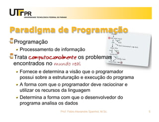 UNIVERSIDADE TECNOLÓGICA FEDERAL DO PARANÁ




Paradigma de Programação
Programação
  Processamento de informação
Trata computacionalmente os problemas
encontrados no mundo real
  Fornece e determina a visão que o programador
  possui sobre a estruturação e execução do programa
  A forma com que o programador deve raciocinar e
  utilizar os recursos da linguagem
  Determina a forma com que o desenvolvedor do
  programa analisa os dados
                                      Prof. Fabio Alexandre Spanhol, M.Sc.   5
 