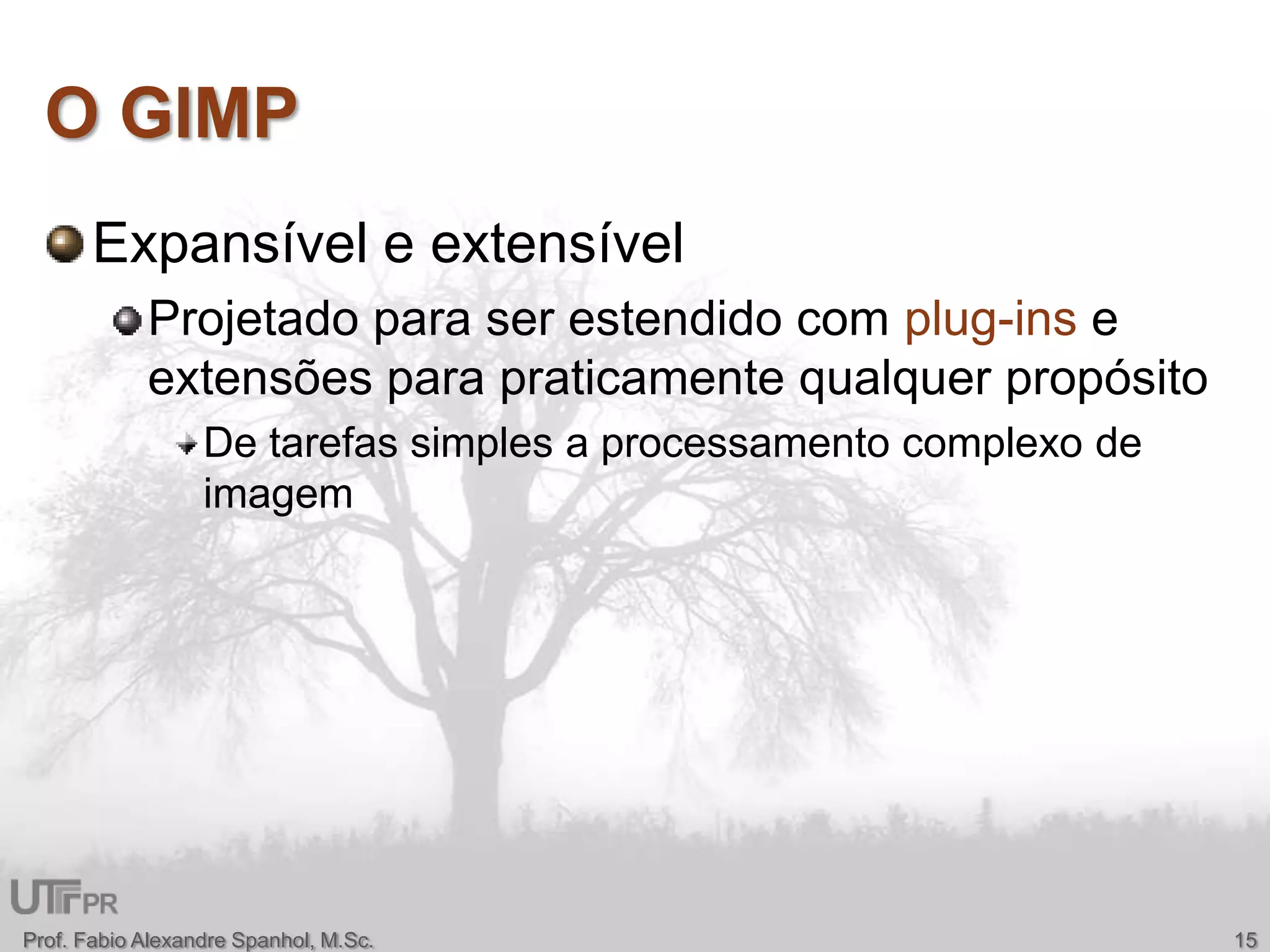 O GIMPExpansível e extensívelProjetado para ser estendido com plug-ins e extensões para praticamente qualquer propósitoDe tarefas simples a processamento complexo de imagemProf. Fabio Alexandre Spanhol, M.Sc.15