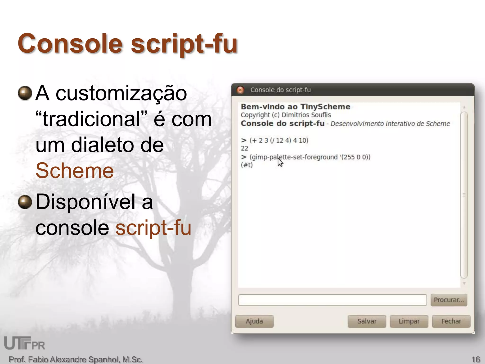 Console script-fuA customização “tradicional” é com um dialeto de SchemeDisponível a console script-fuProf. Fabio Alexandre Spanhol, M.Sc.16