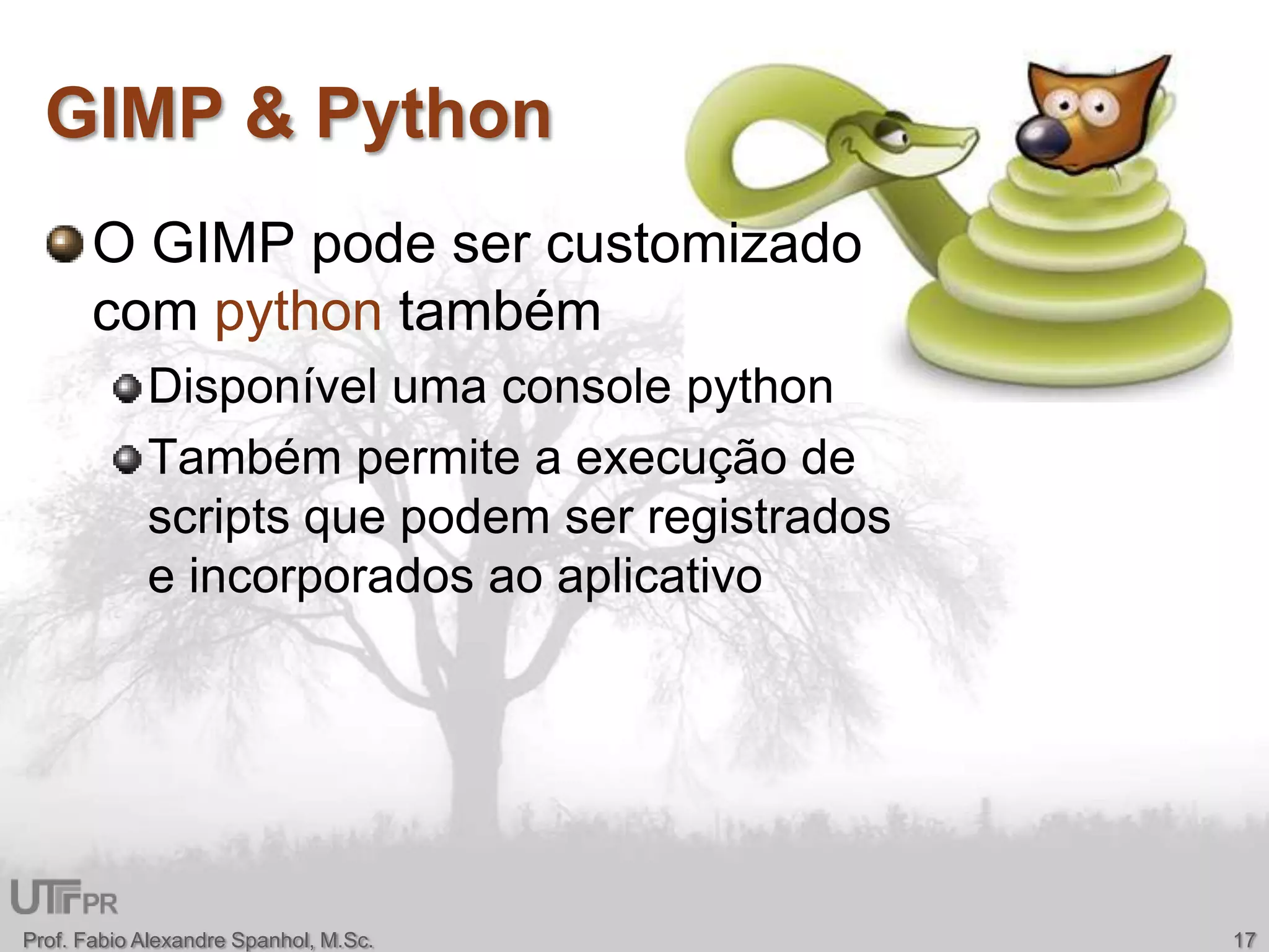 GIMP & PythonProf. Fabio Alexandre Spanhol, M.Sc.17O GIMP pode ser customizado com python tambémDisponível uma console pythonTambém permite a execução de scripts que podem ser registrados e incorporados ao aplicativo