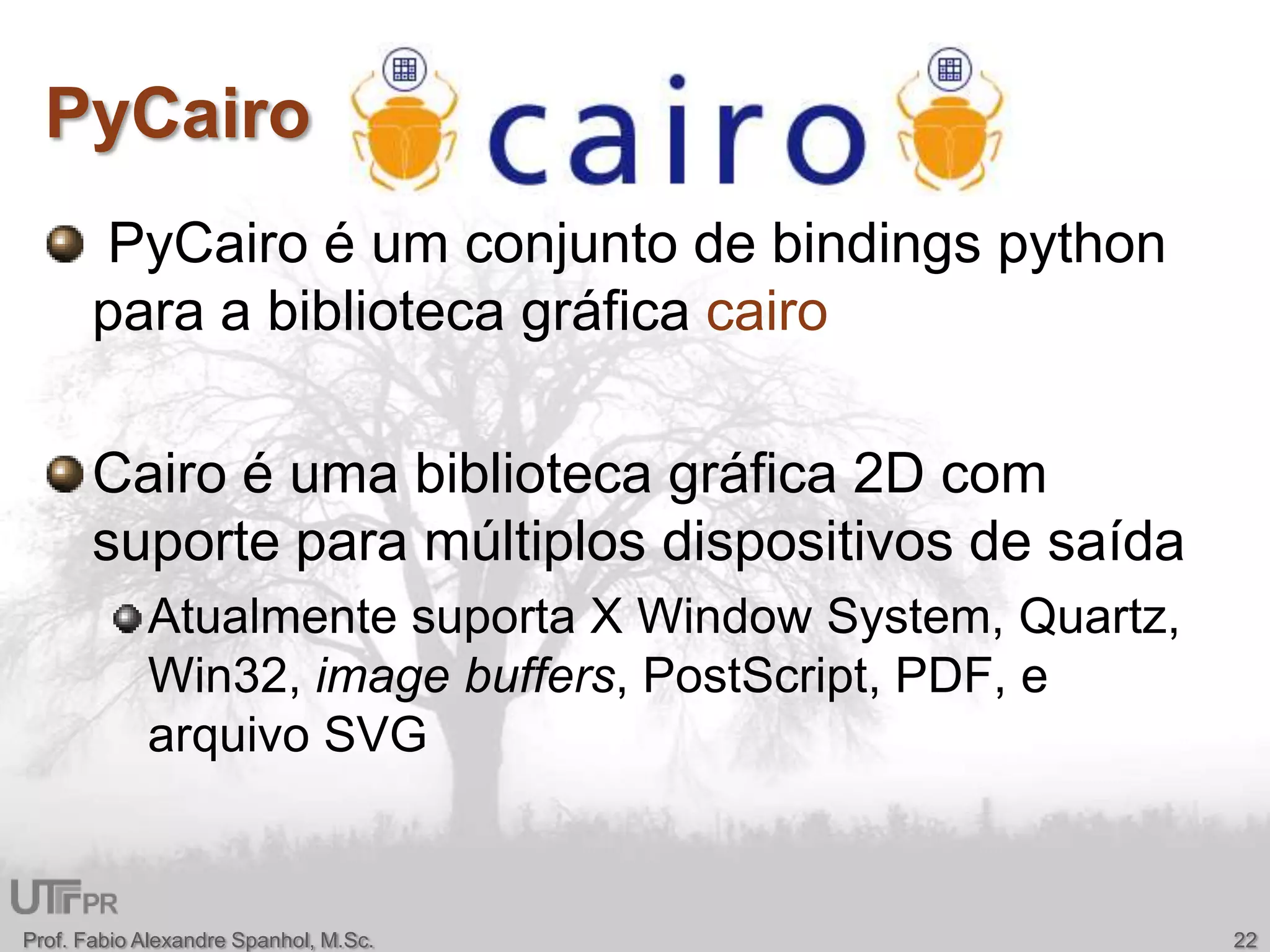 PyCairoPyCairo é um conjunto de bindings python para a bibliotecagráficacairoCairo é uma biblioteca gráfica 2D com suporte para múltiplos dispositivos de saídaAtualmente suporta X Window System, Quartz, Win32, image buffers, PostScript, PDF, e arquivo SVGProf. Fabio Alexandre Spanhol, M.Sc.22