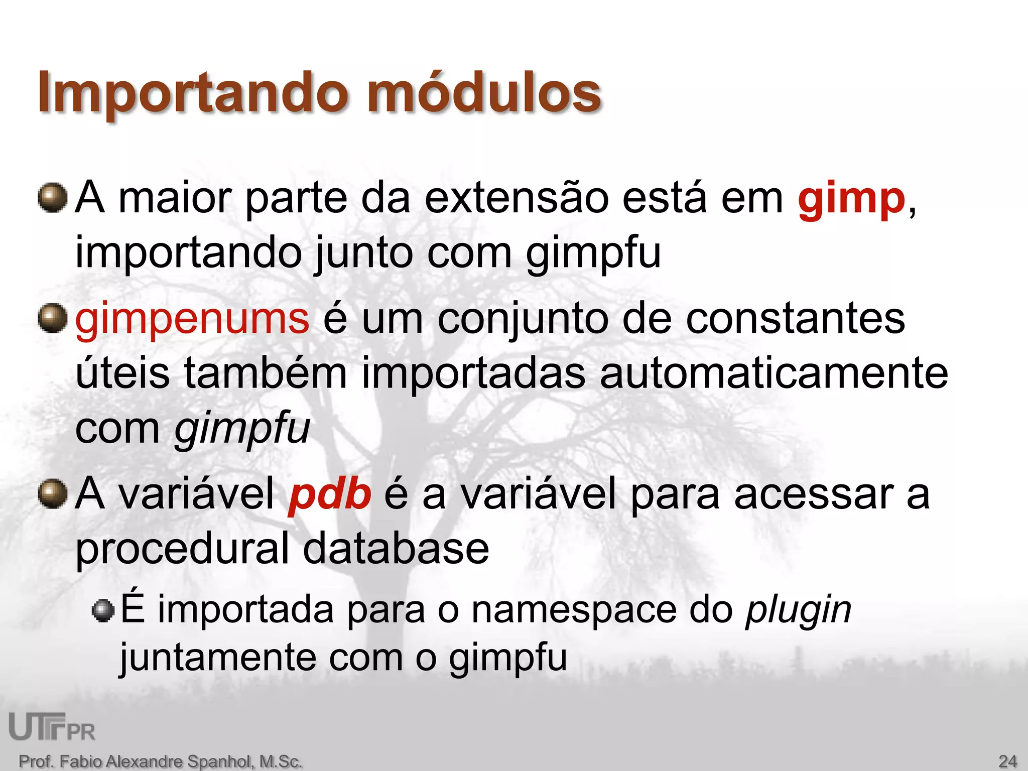 Importando módulosA maior parte da extensão está em gimp, importando junto com gimpfugimpenums é um conjunto de constantes úteis também importadas automaticamente com gimpfuA variável pdb é a variável para acessar a procedural databaseÉ importada para o namespace do plugin juntamente com o gimpfuProf. Fabio Alexandre Spanhol, M.Sc.24