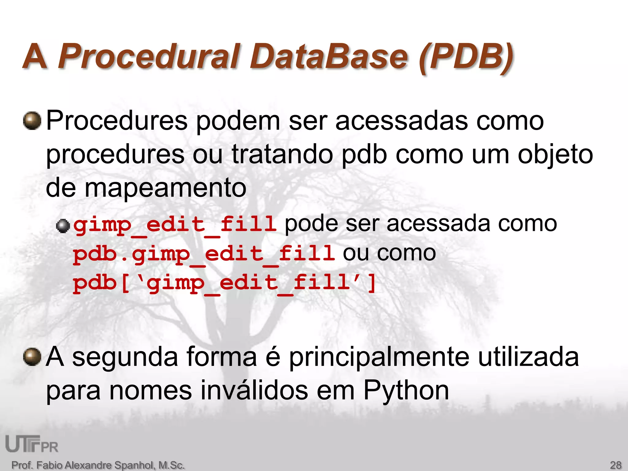 A Procedural DataBase (PDB)Procedures podem ser acessadascomo procedures outratandopdbcomo um objeto de mapeamentogimp_edit_fillpode ser acessadacomopdb.gimp_edit_filloucomopdb[‘gimp_edit_fill’]A segunda forma é principalmenteutilizadaparanomesinválidosem PythonProf. Fabio Alexandre Spanhol, M.Sc.28