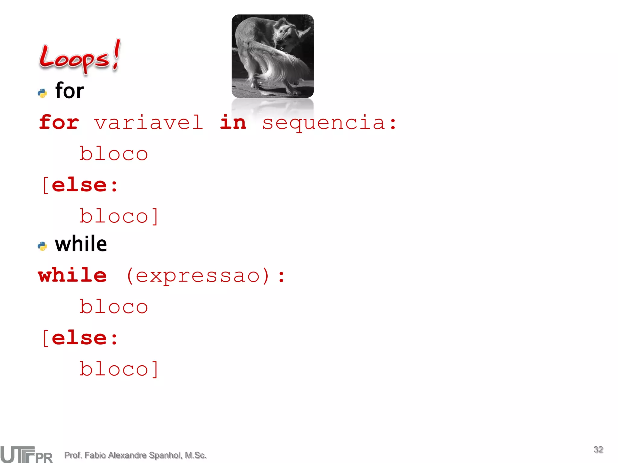 for
for variavel in sequencia:
   bloco
[else:
   bloco]
 while
while (expressao):
   bloco
[else:
   bloco]


                                        32
 Prof. Fabio Alexandre Spanhol, M.Sc.
 