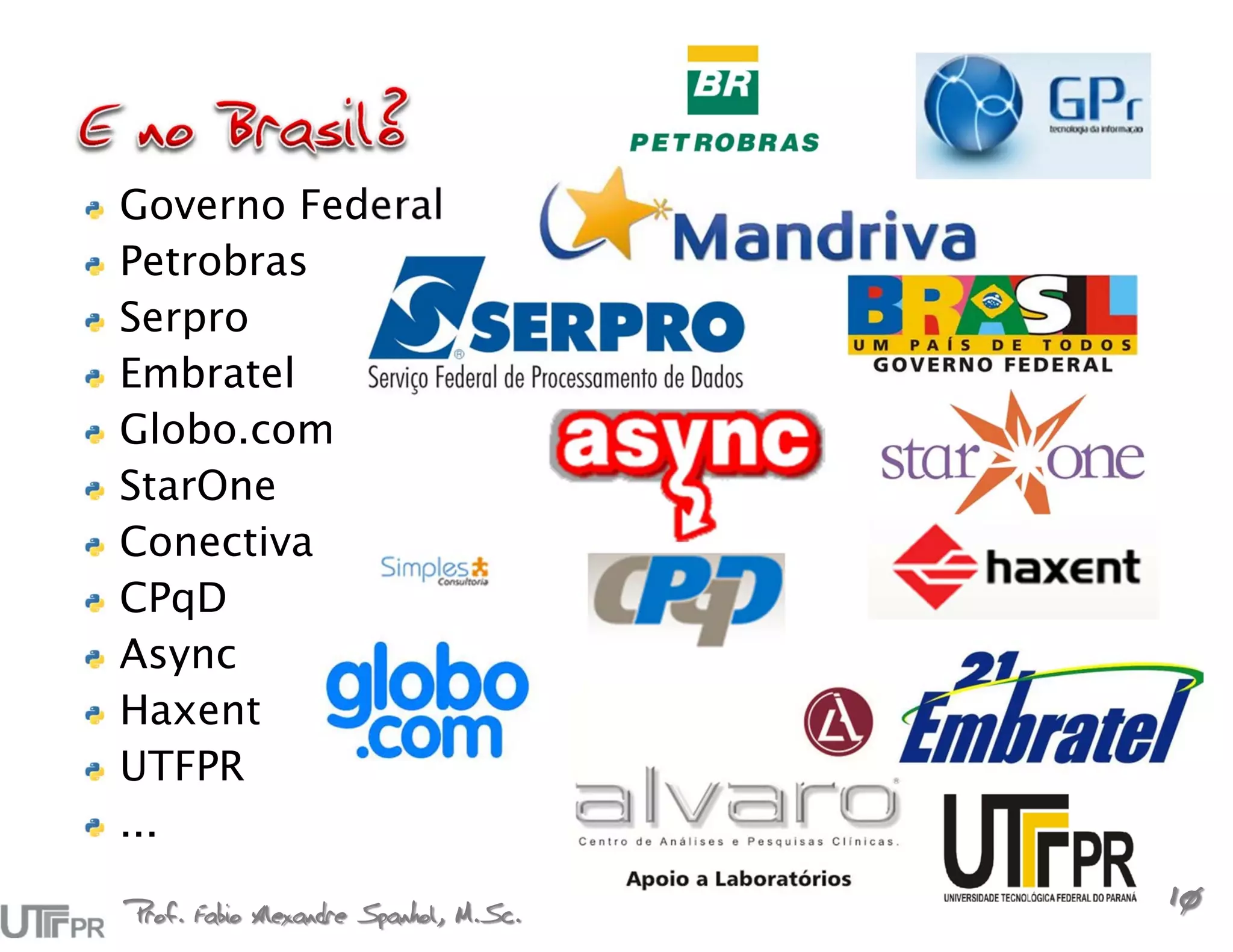 Governo Federal
Petrobras
Serpro
Embratel
Globo.com
StarOne
Conectiva
CPqD
Async
Haxent
UTFPR
...

Prof. Fabio Alexandre Spanhol, M.Sc.
                                       10
 