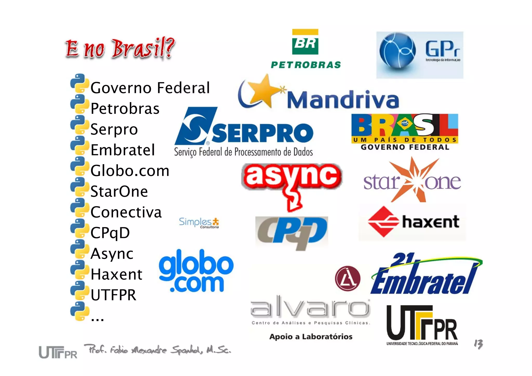Governo Federal
 Petrobras
 Serpro
 Embratel
 Globo.com
 StarOne
 Conectiva
 CPqD
 Async
 Haxent
 UTFPR
 ...

Prof. Fabio Alexandre Spanhol, M.Sc.   13
 