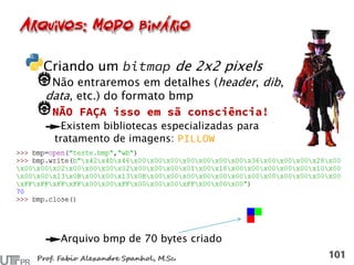 Criando um de 2x2 pixels
Não entraremos em detalhes (header, dib,
data, etc.) do formato bmp
Existem bibliotecas especializadas para
tratamento de imagens:
Arquivo bmp de 70 bytes criado
 
