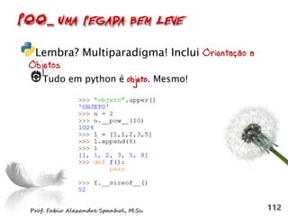 Lembra? Multiparadigma! Inclui Orientação a
Objetos
Tudo em python é objeto. Mesmo!
 