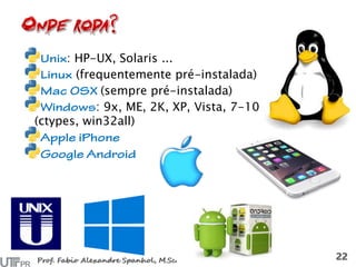 : HP-UX, Solaris ...
(frequentemente pré-instalada)
(sempre pré-instalada)
: 9x, ME, 2K, XP, Vista, 7-10
(ctypes, win32all)
 